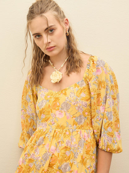 Women Yellow Floral Sweetheart Neck Maxi Dress