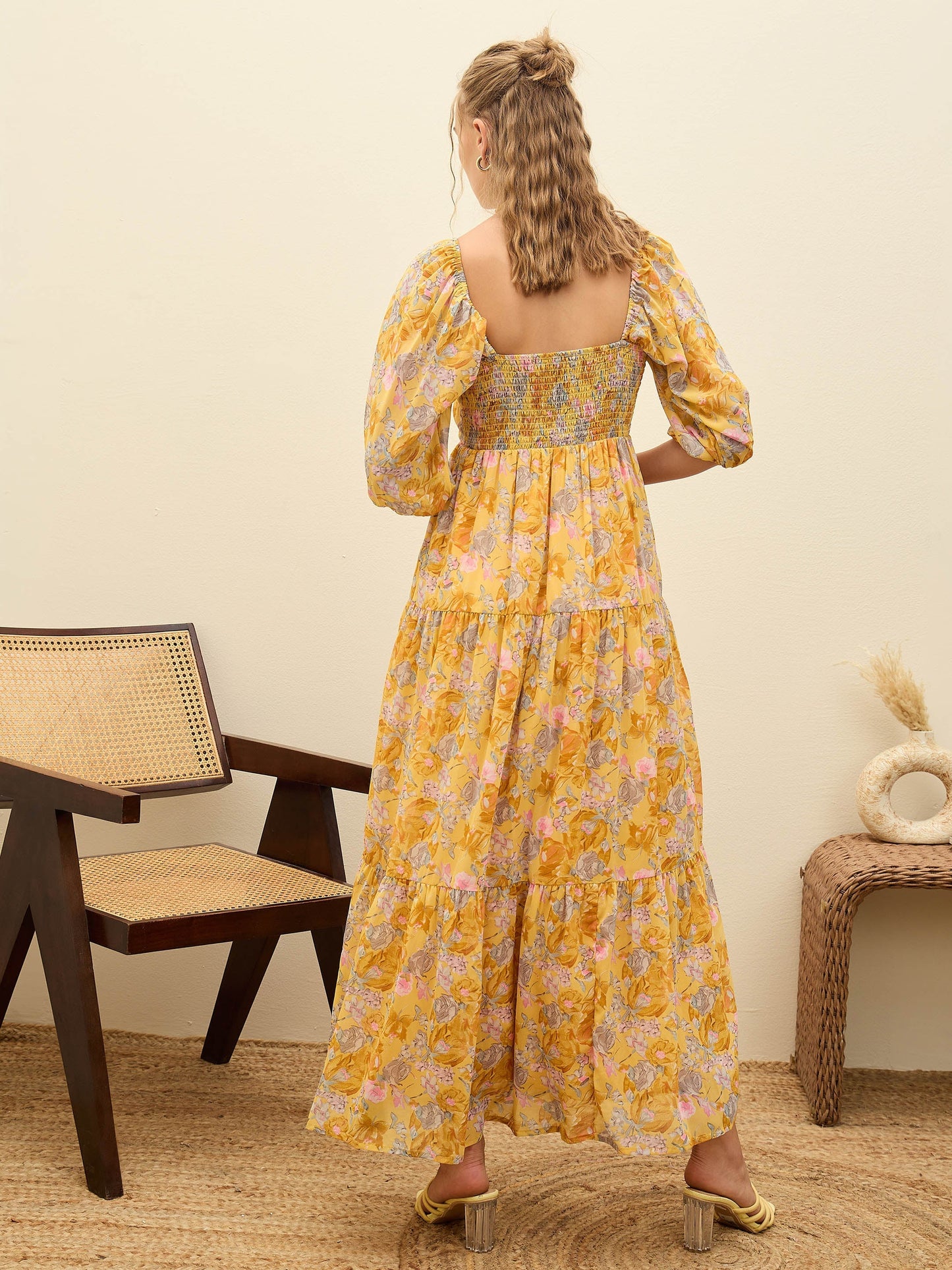 Women Yellow Floral Sweetheart Neck Maxi Dress