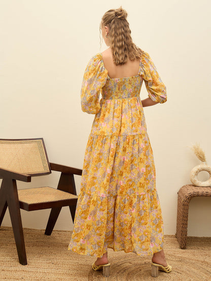 Women Yellow Floral Sweetheart Neck Maxi Dress