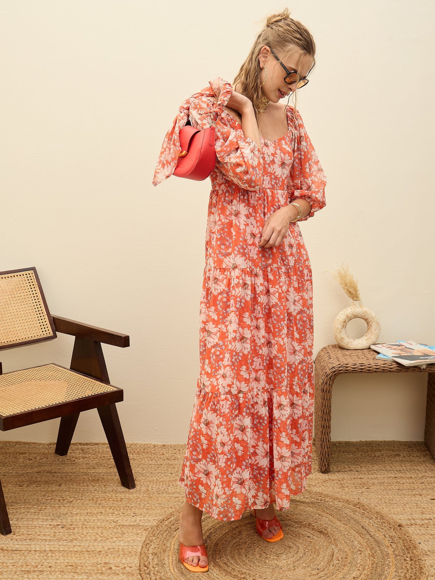 Women Red Floral Sweetheart Neck Maxi Dress