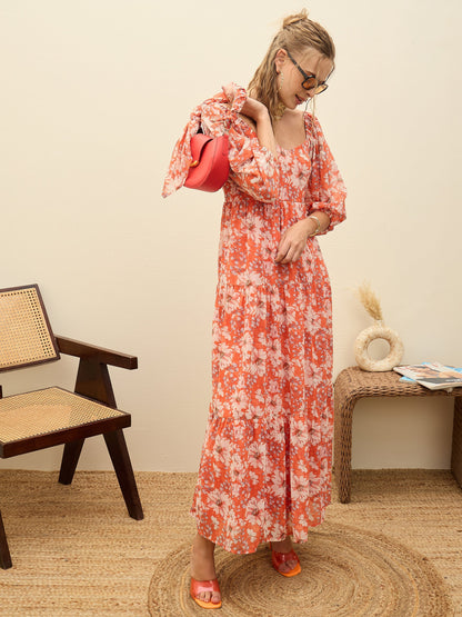 Women Red Floral Sweetheart Neck Maxi Dress