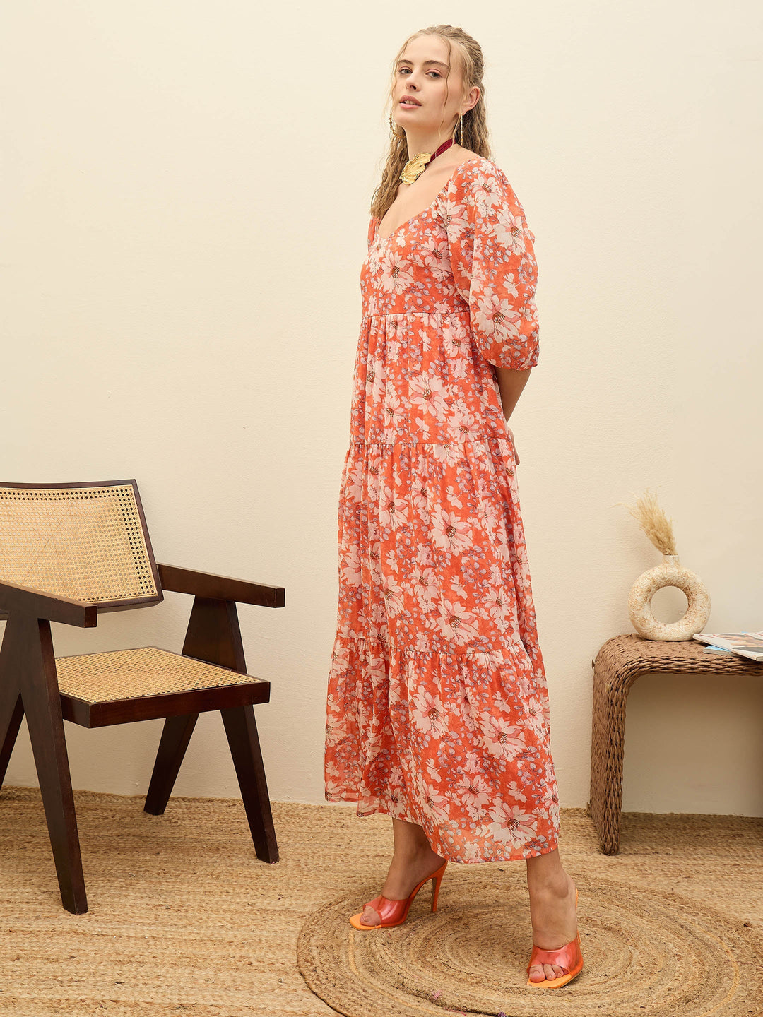 Women Red Floral Sweetheart Neck Maxi Dress