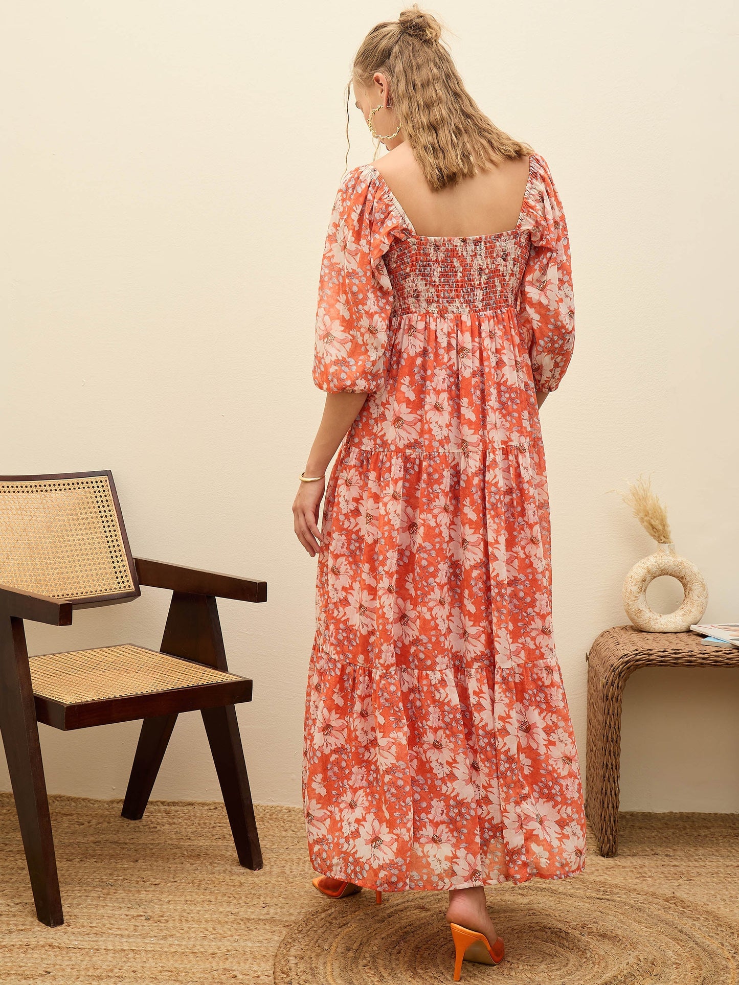 Women Red Floral Sweetheart Neck Maxi Dress