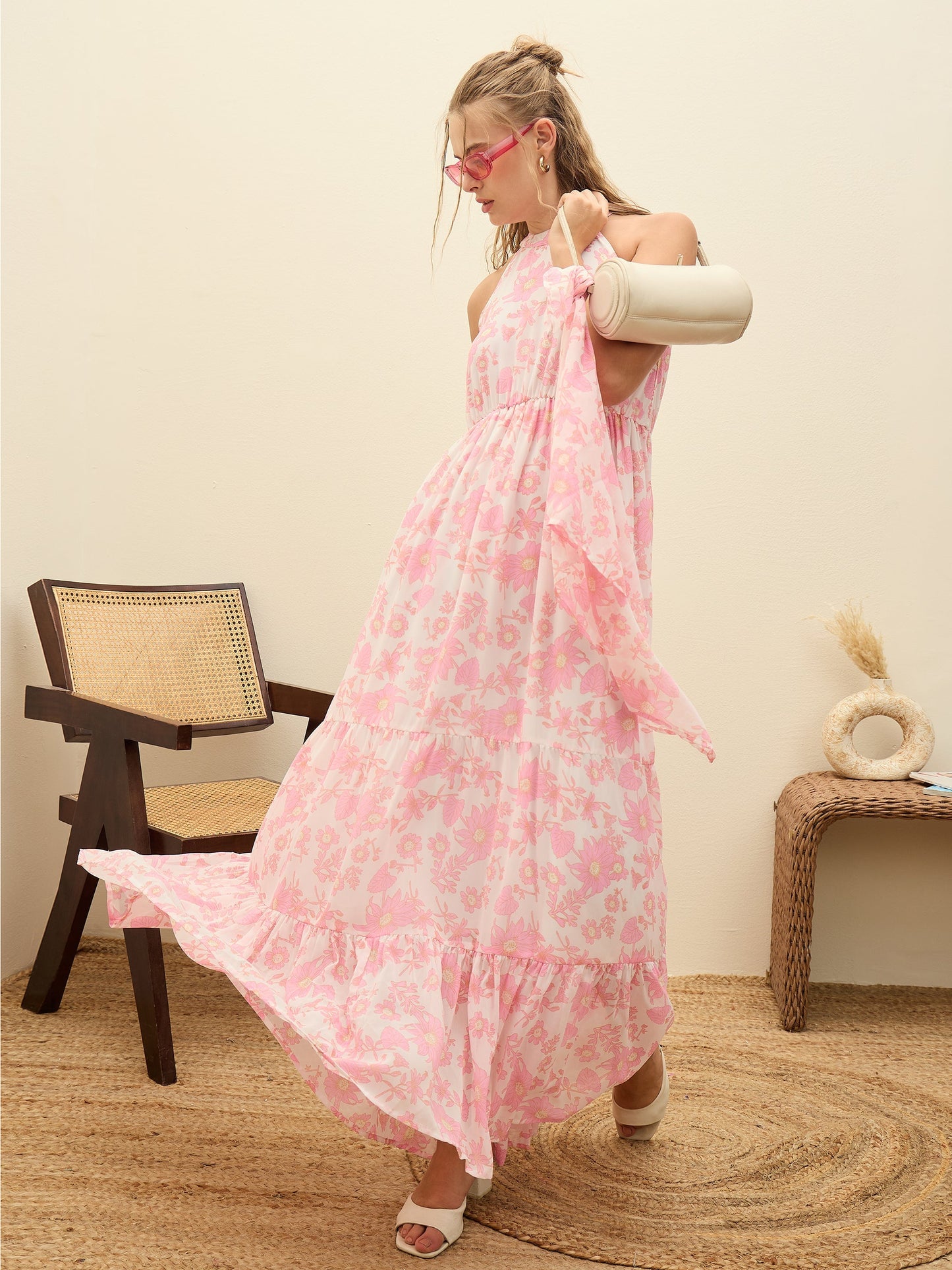 Women White Floral Halter-Neck Maxi Dress