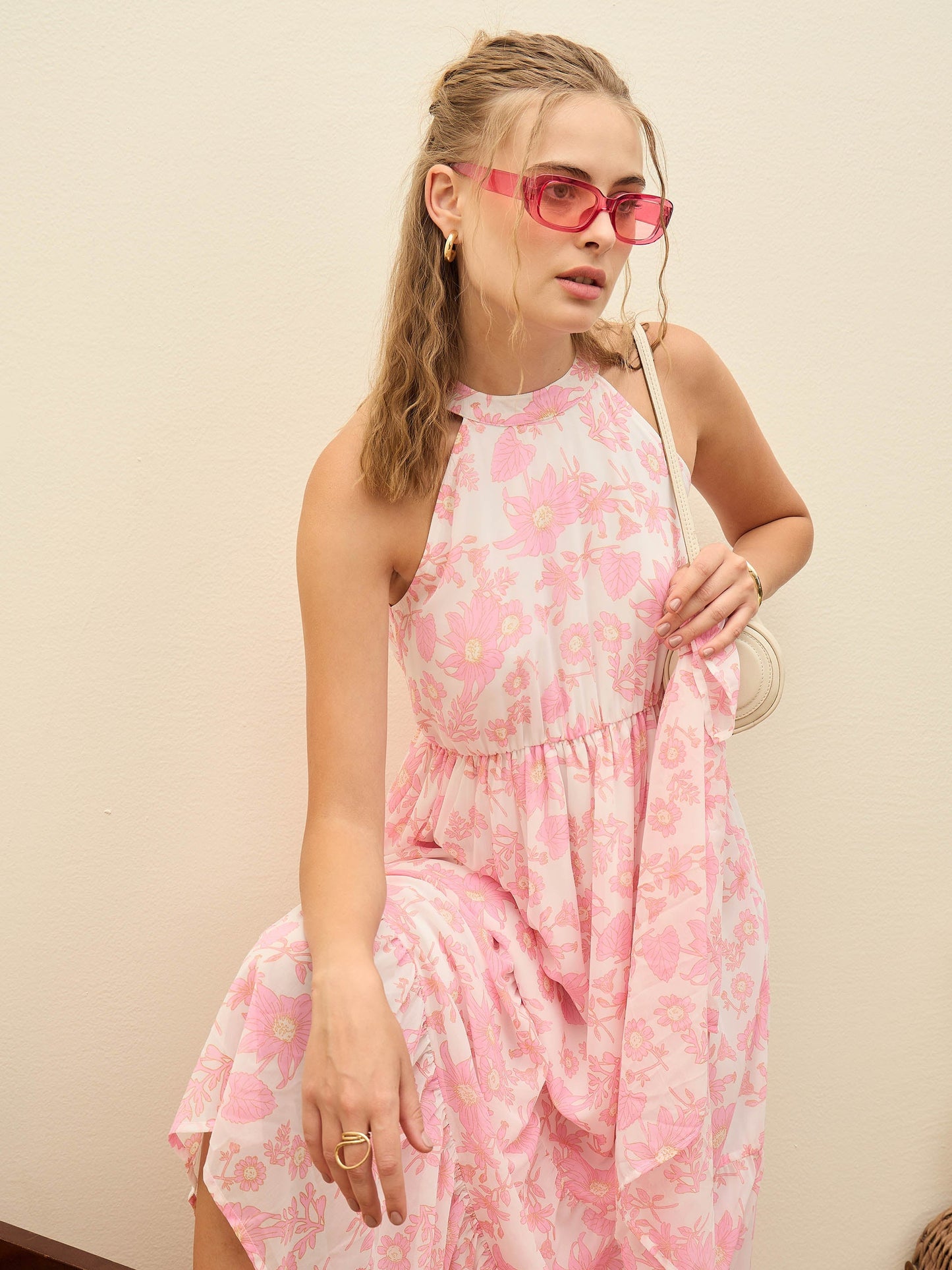 Women White Floral Halter-Neck Maxi Dress