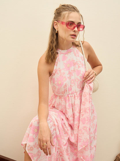 Women White Floral Halter-Neck Maxi Dress