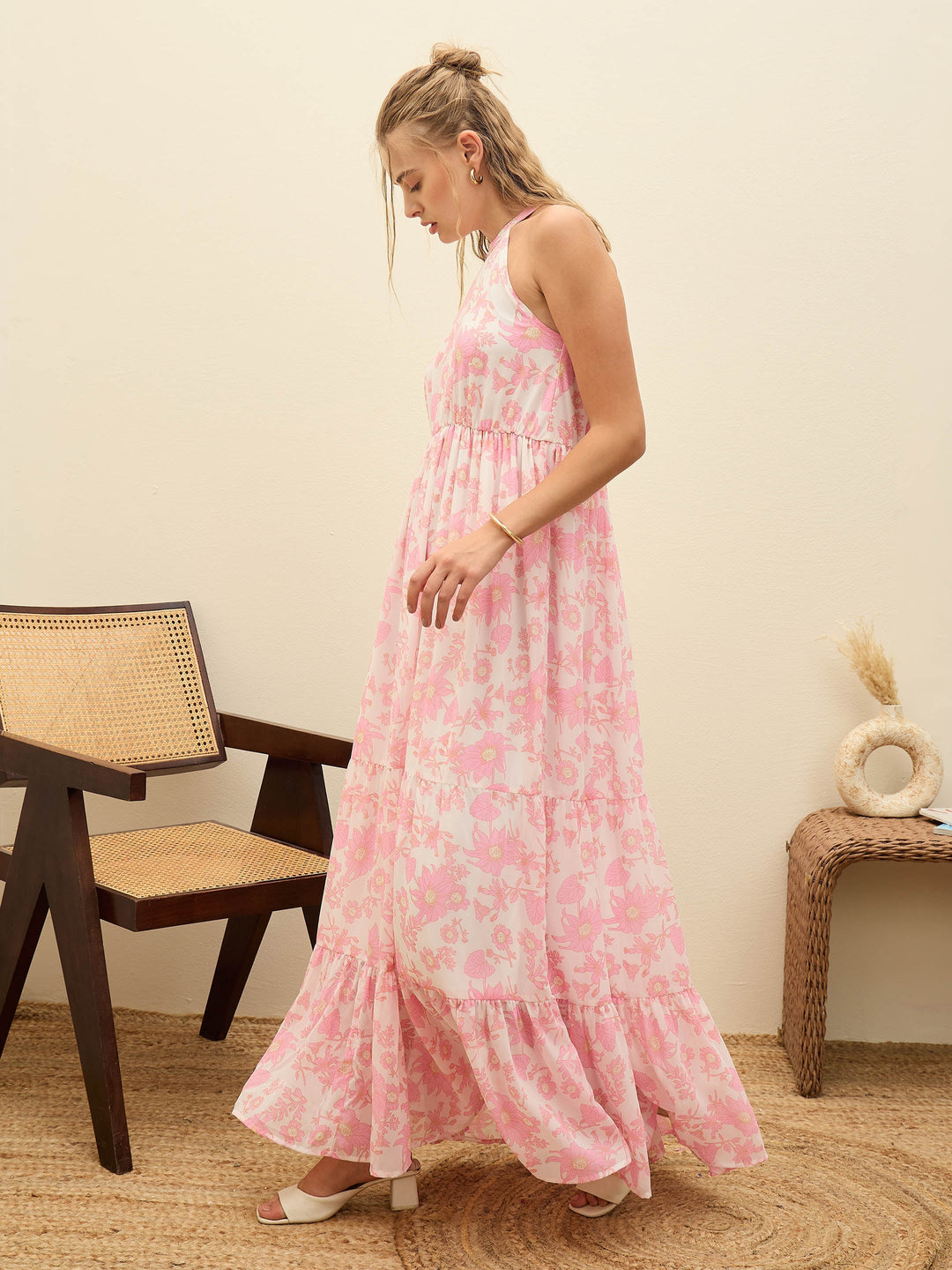 Women White Floral Halter-Neck Maxi Dress