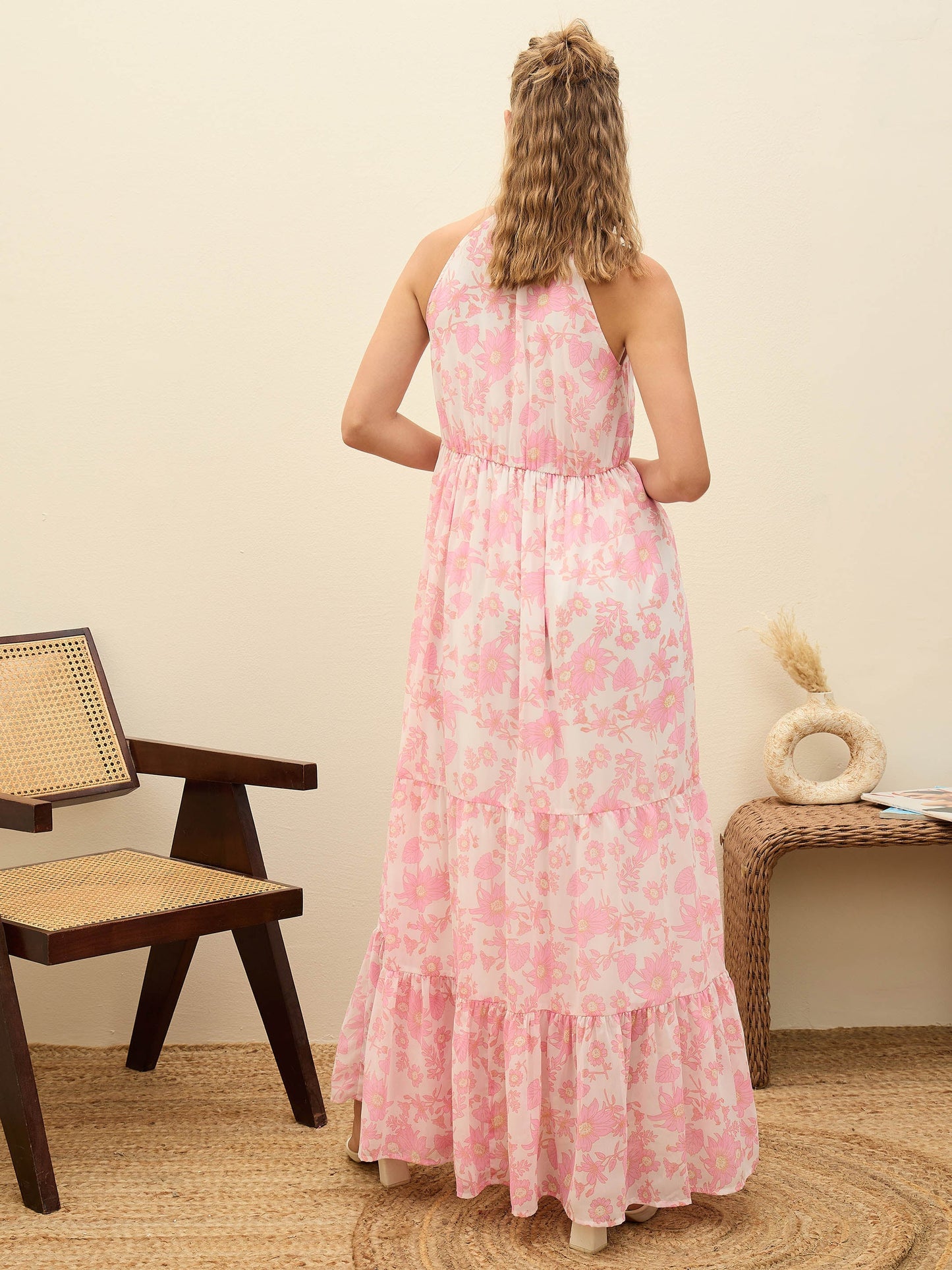 Women White Floral Halter-Neck Maxi Dress