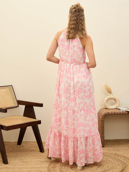Women White Floral Halter-Neck Maxi Dress