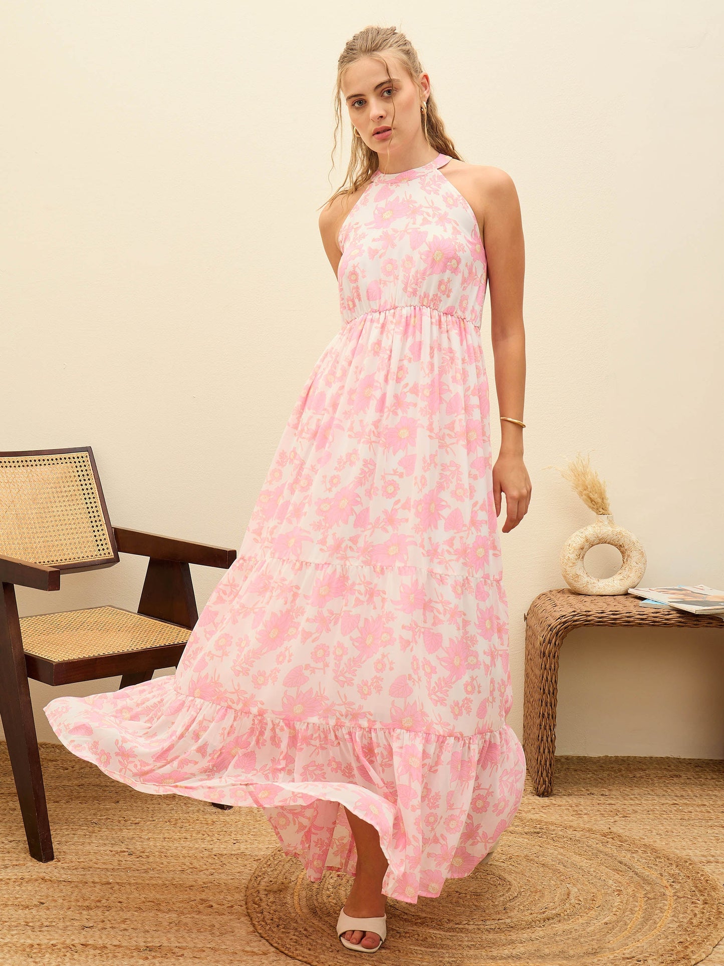 Women White Floral Halter-Neck Maxi Dress
