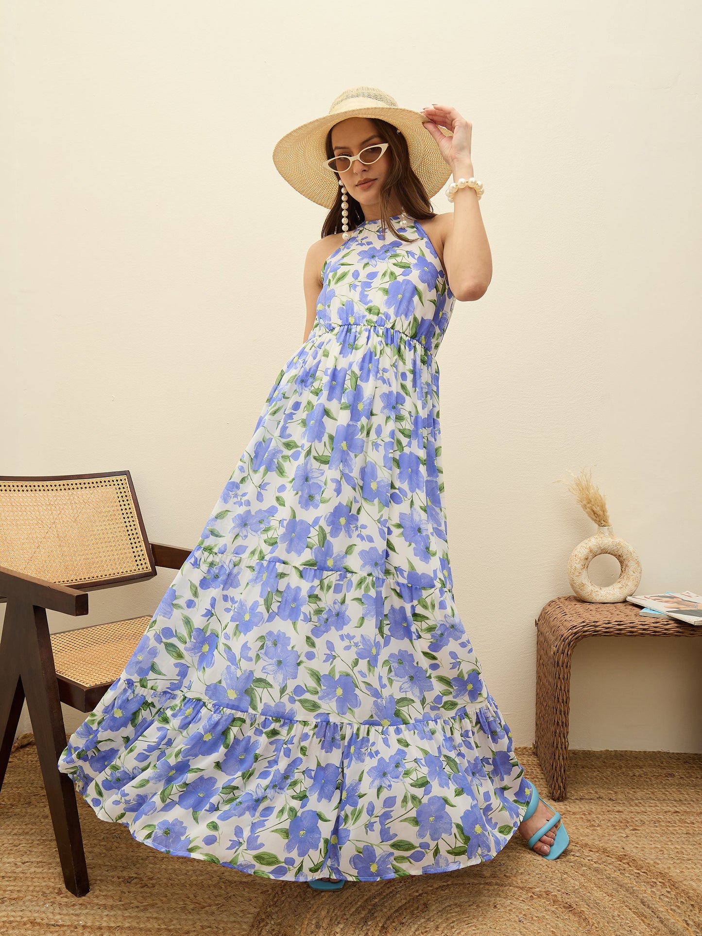 Women Blue Floral Halter Neck Maxi Dress