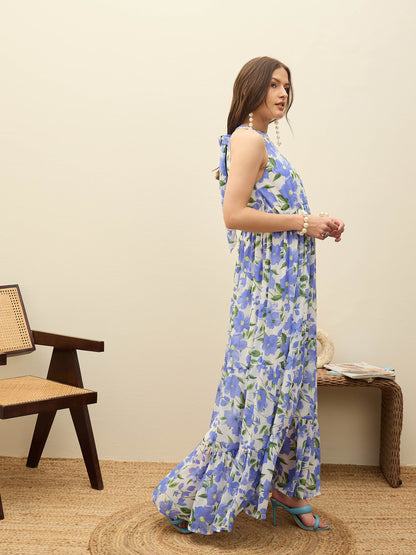 Women Blue Floral Halter Neck Maxi Dress