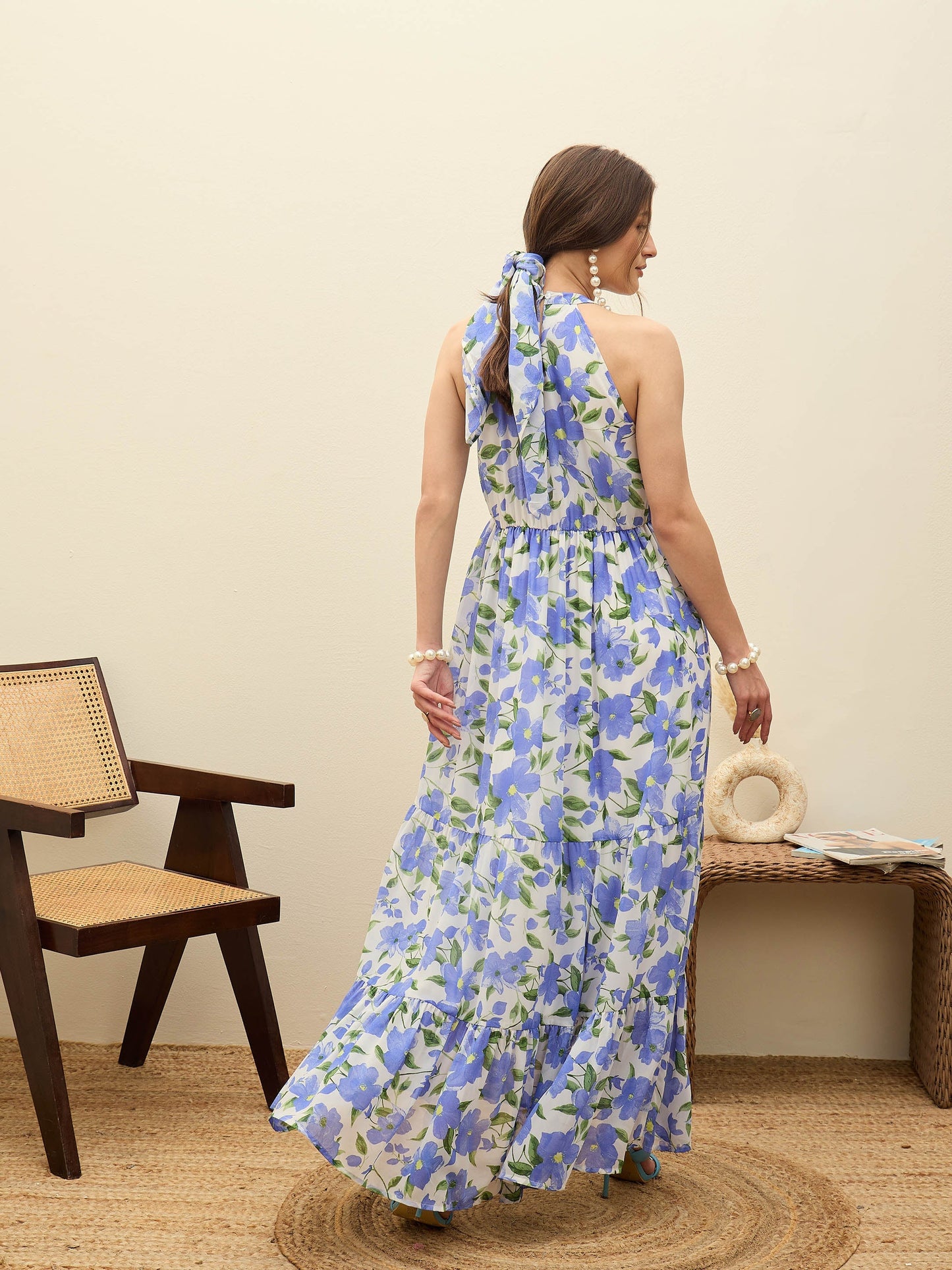 Women Blue Floral Halter Neck Maxi Dress