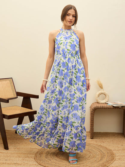 Women Blue Floral Halter Neck Maxi Dress