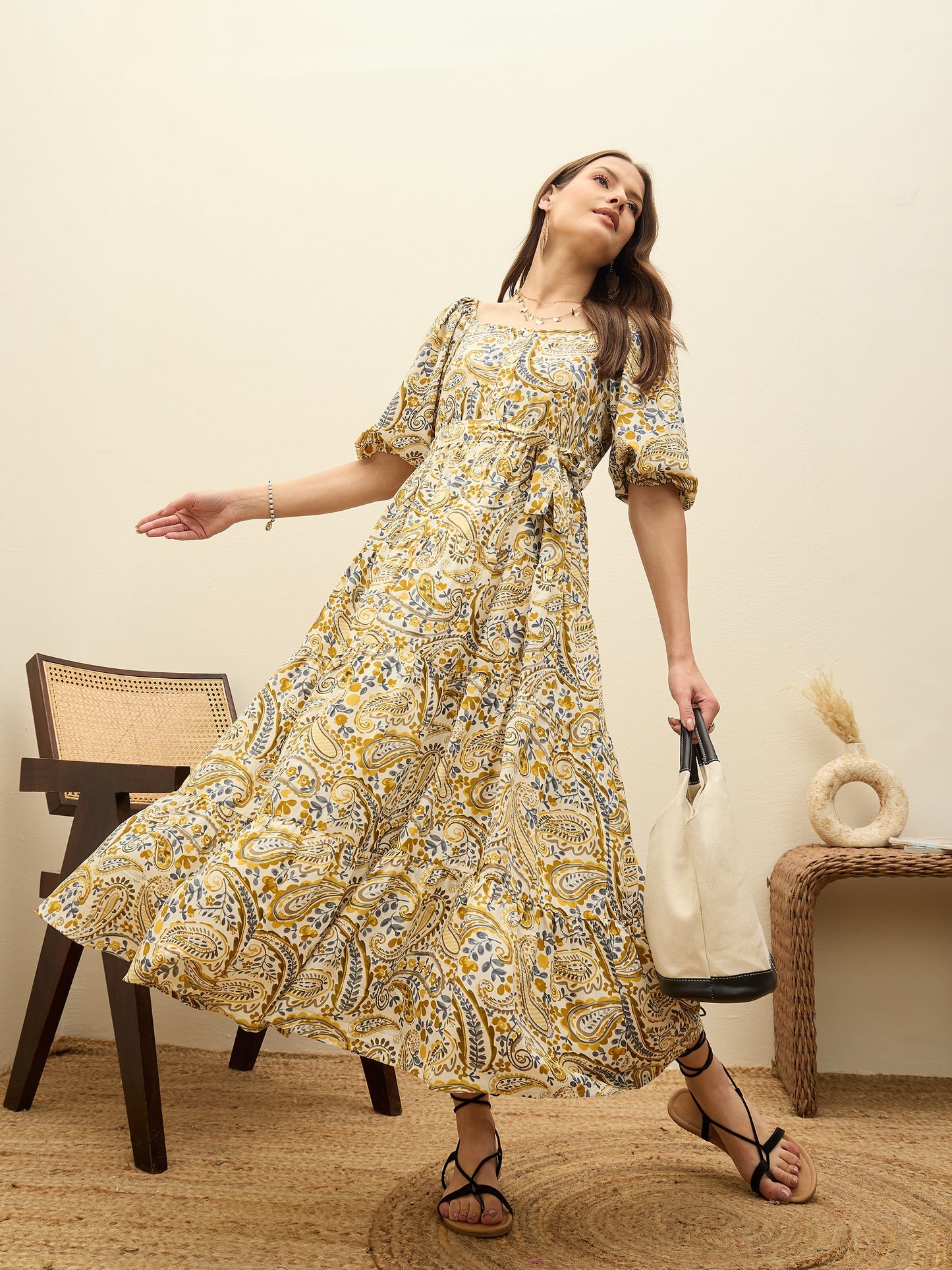 Women Beige Paisley Belted Midi Dress