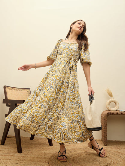 Women Beige Paisley Belted Midi Dress