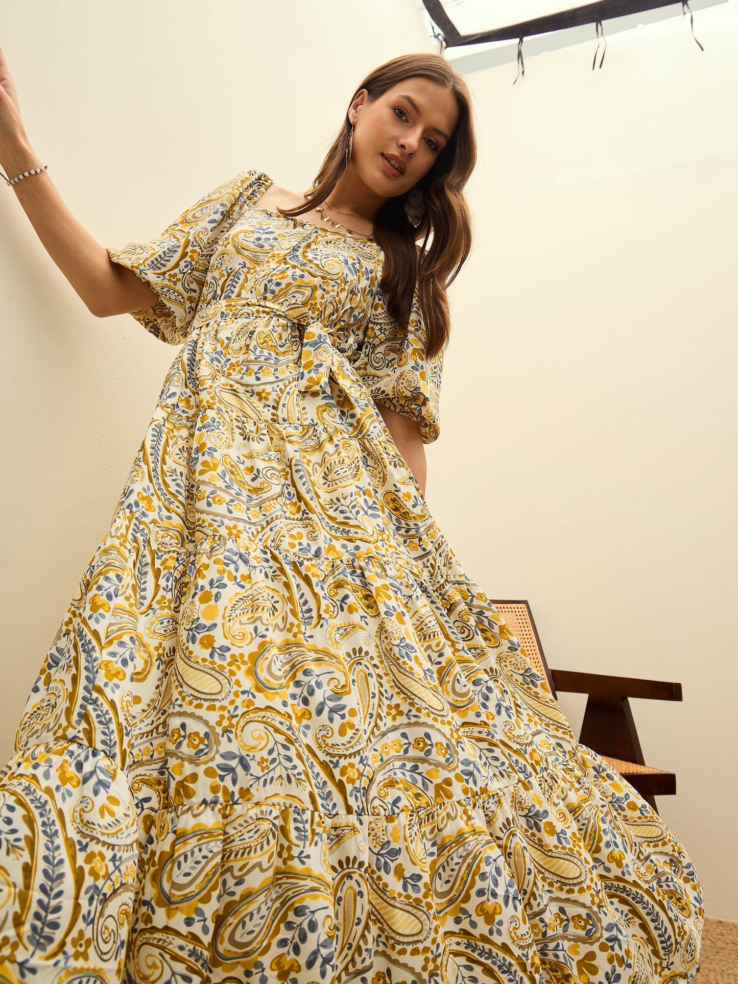 Women Beige Paisley Belted Midi Dress