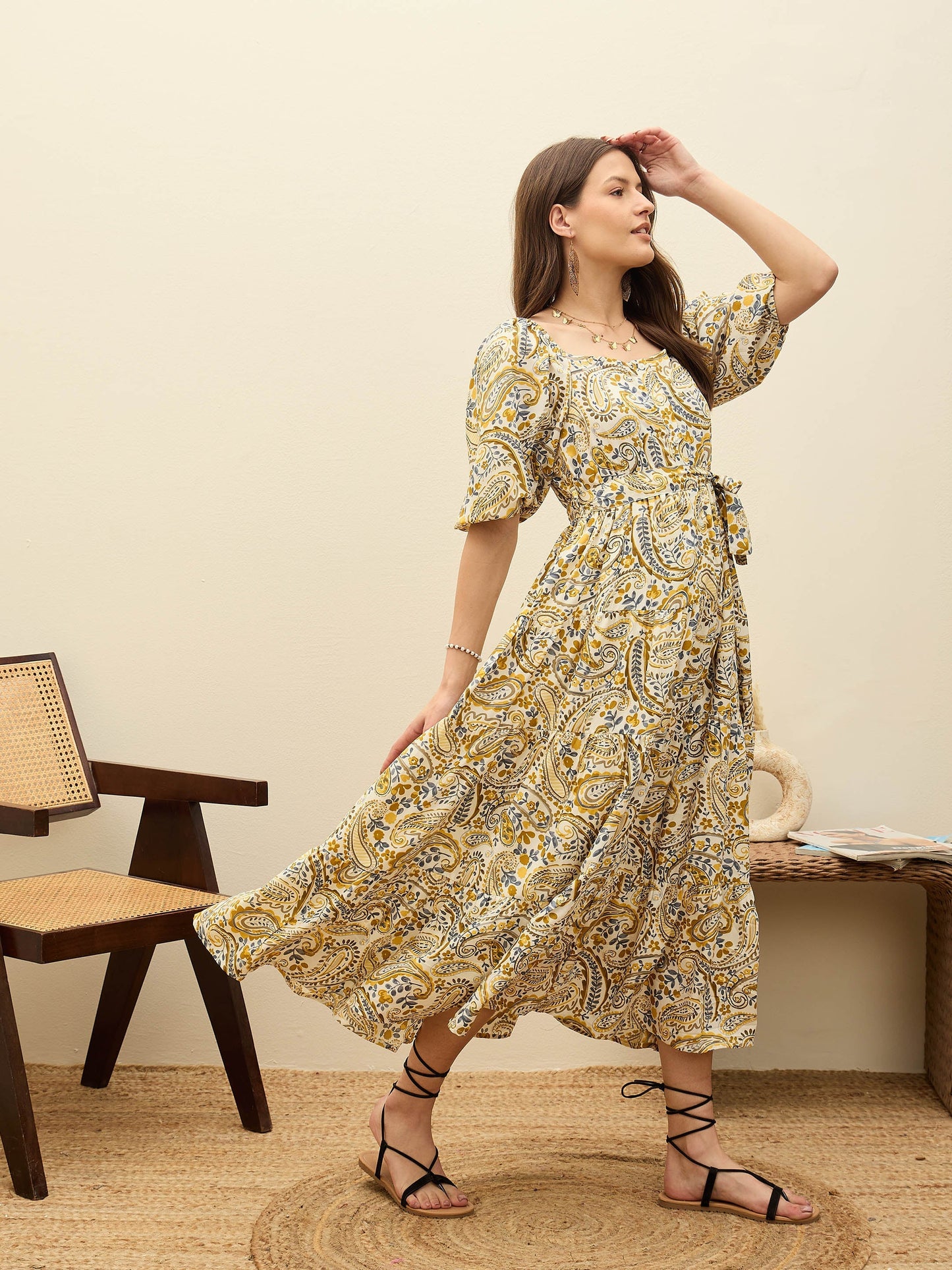 Women Beige Paisley Belted Midi Dress