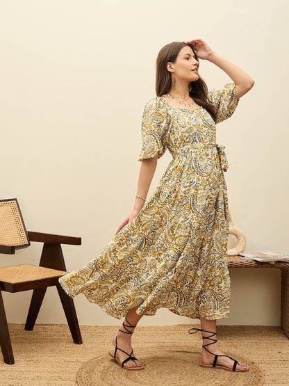 Women Beige Paisley Belted Midi Dress
