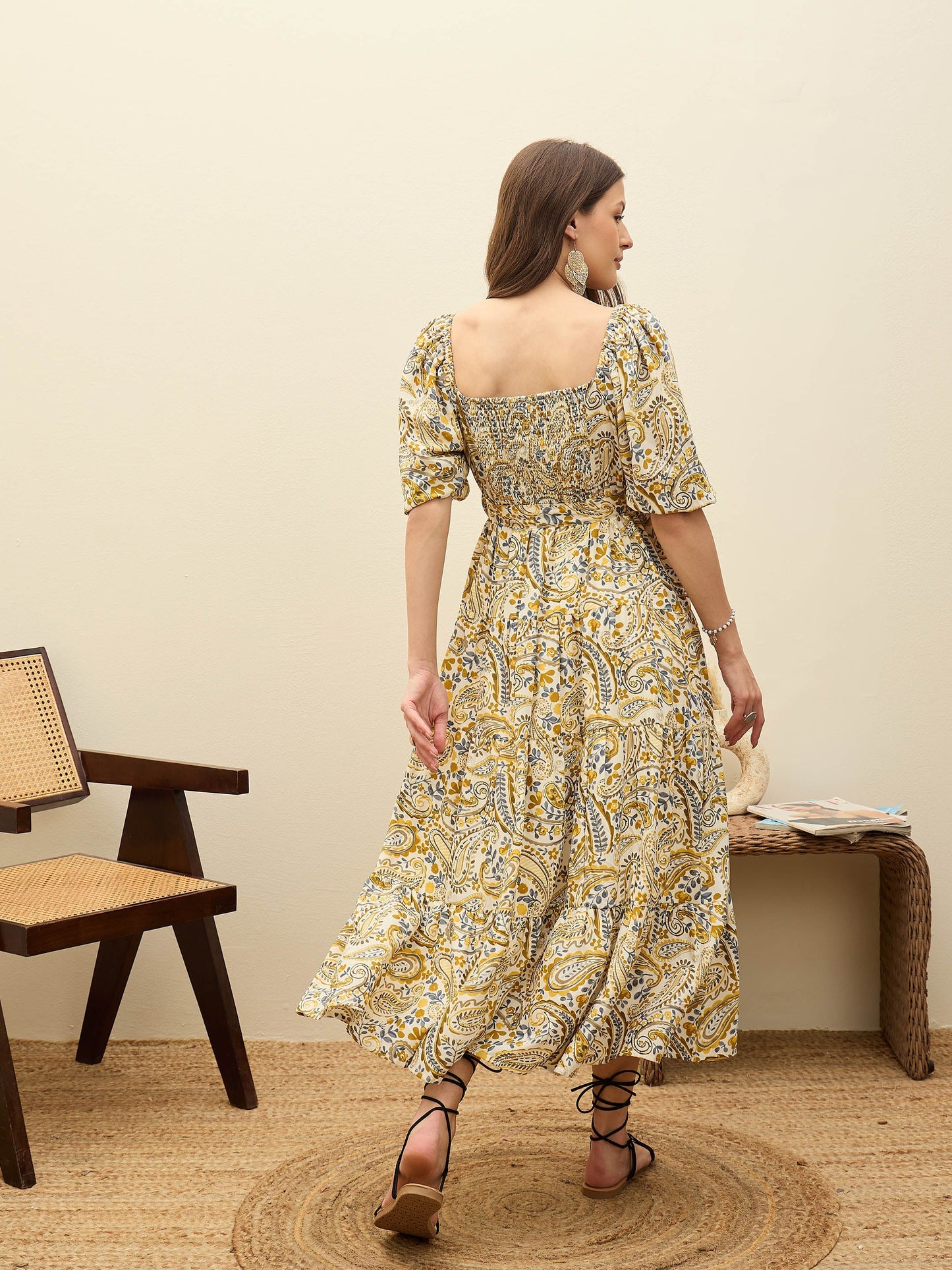 Women Beige Paisley Belted Midi Dress