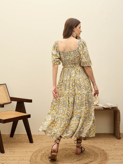 Women Beige Paisley Belted Midi Dress