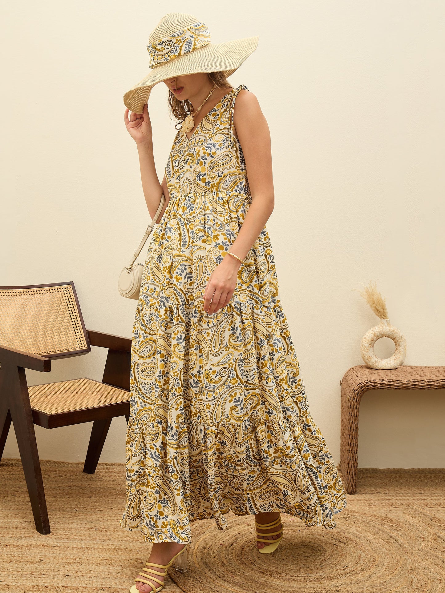 Beige Paisley V-Neck Tiered Maxi Dress