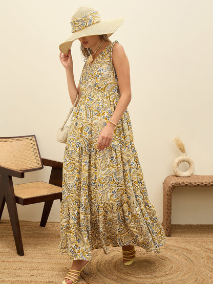 Beige Paisley V-Neck Tiered Maxi Dress