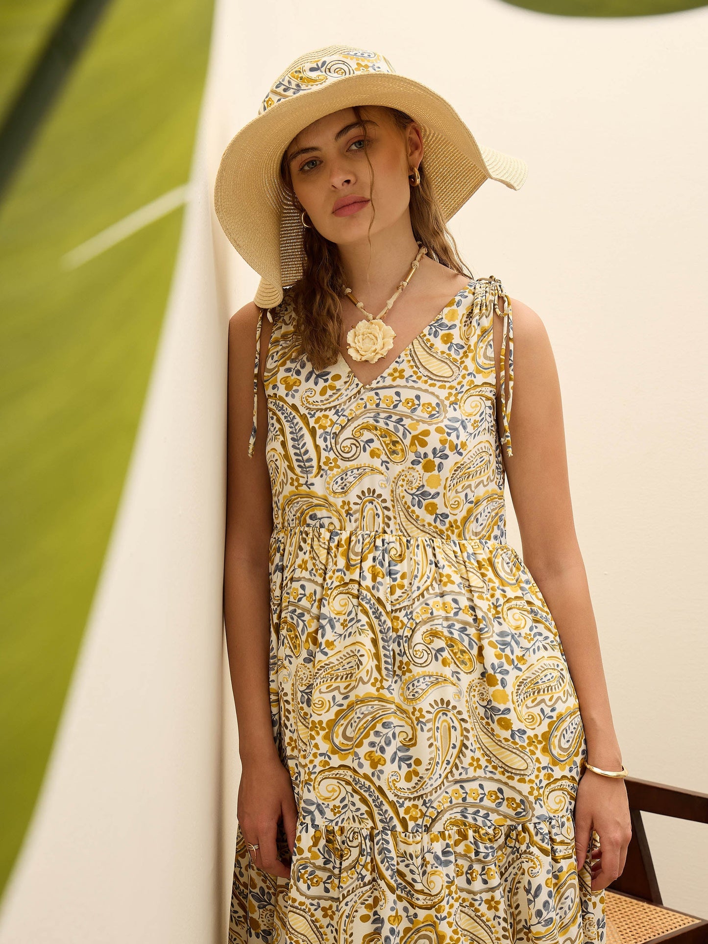 Beige Paisley V-Neck Tiered Maxi Dress