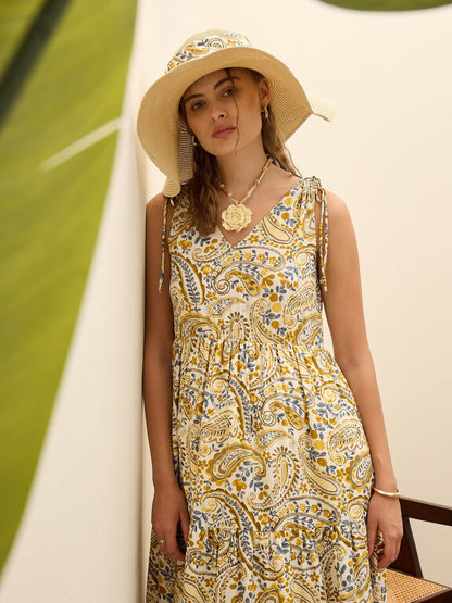 Beige Paisley V-Neck Tiered Maxi Dress