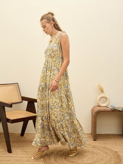 Beige Paisley V-Neck Tiered Maxi Dress