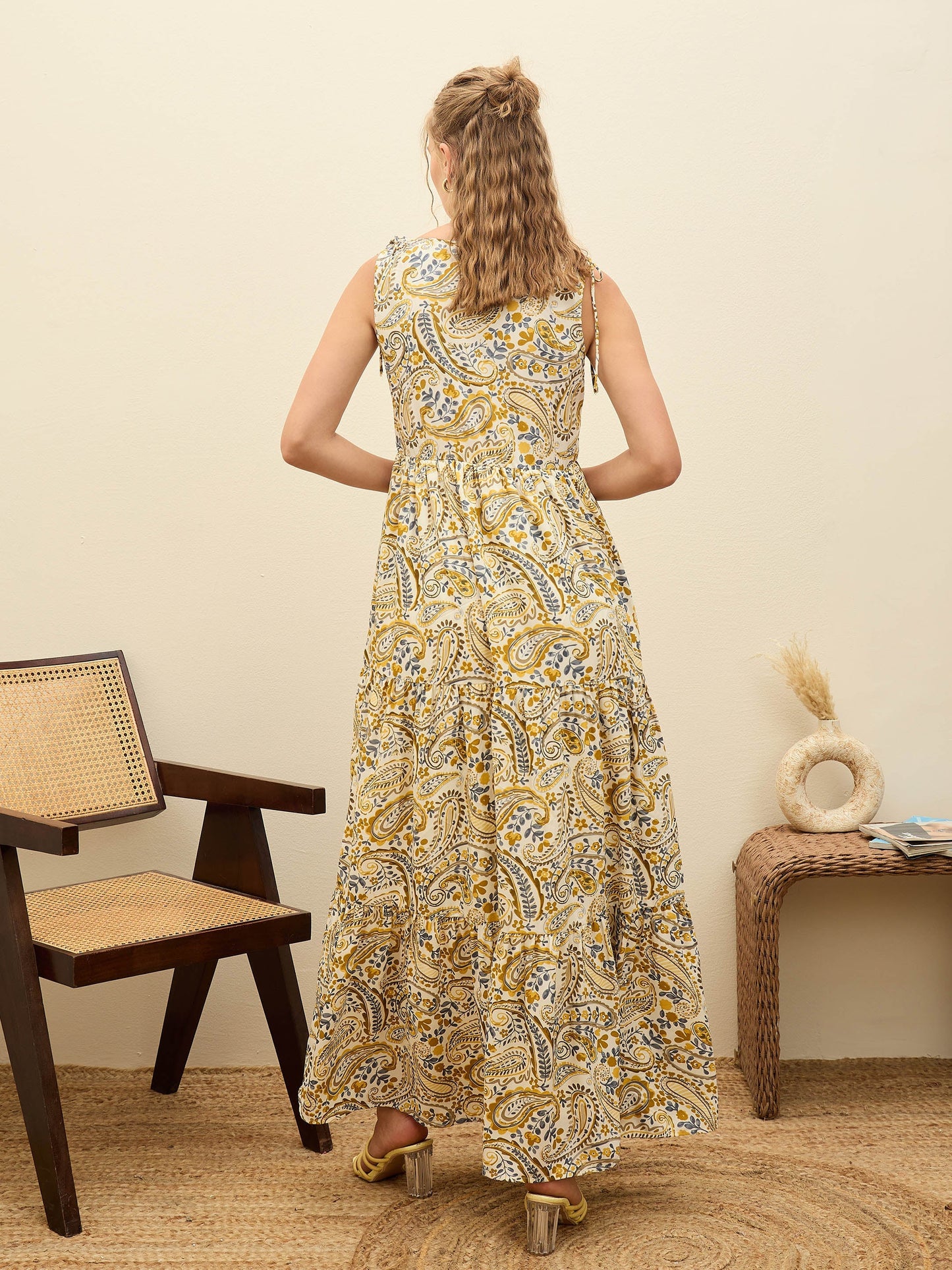 Beige Paisley V-Neck Tiered Maxi Dress