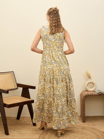 Beige Paisley V-Neck Tiered Maxi Dress