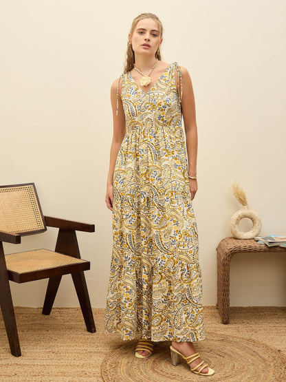 Beige Paisley V-Neck Tiered Maxi Dress