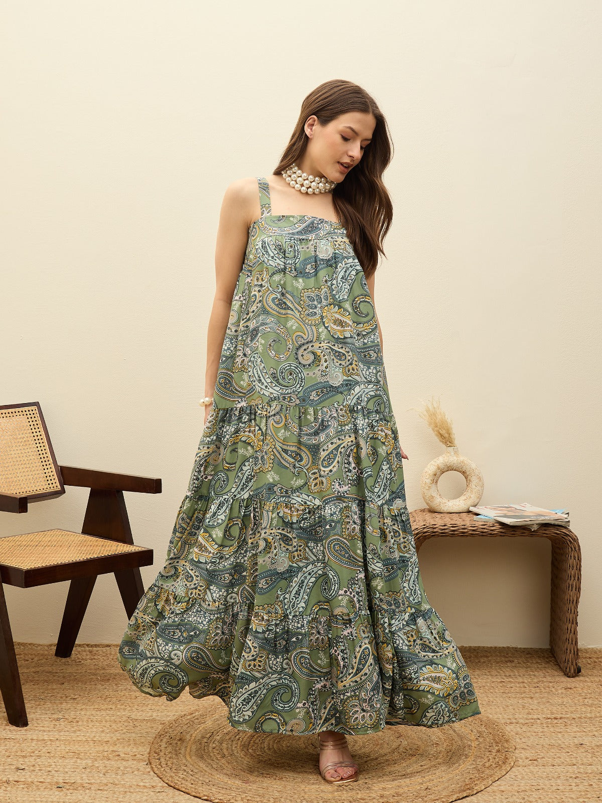 Women Green Paisley Strappy Tiered Maxi Dress