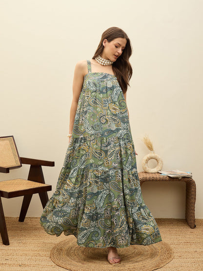 Women Green Paisley Strappy Tiered Maxi Dress