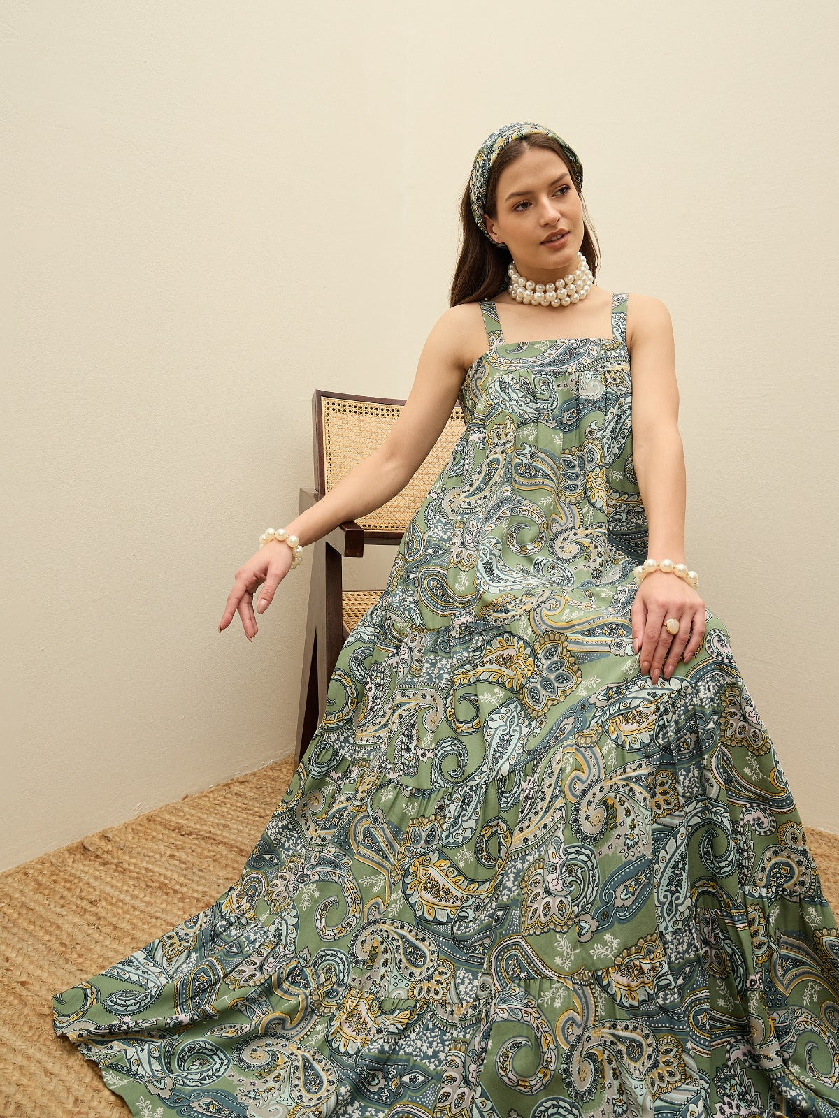 Women Green Paisley Strappy Tiered Maxi Dress