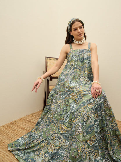 Women Green Paisley Strappy Tiered Maxi Dress
