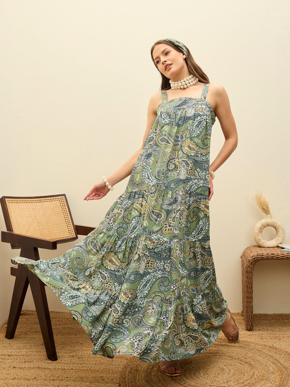 Women Green Paisley Strappy Tiered Maxi Dress
