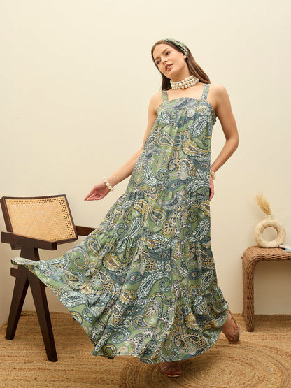Women Green Paisley Strappy Tiered Maxi Dress