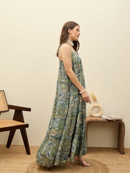 Women Green Paisley Strappy Tiered Maxi Dress