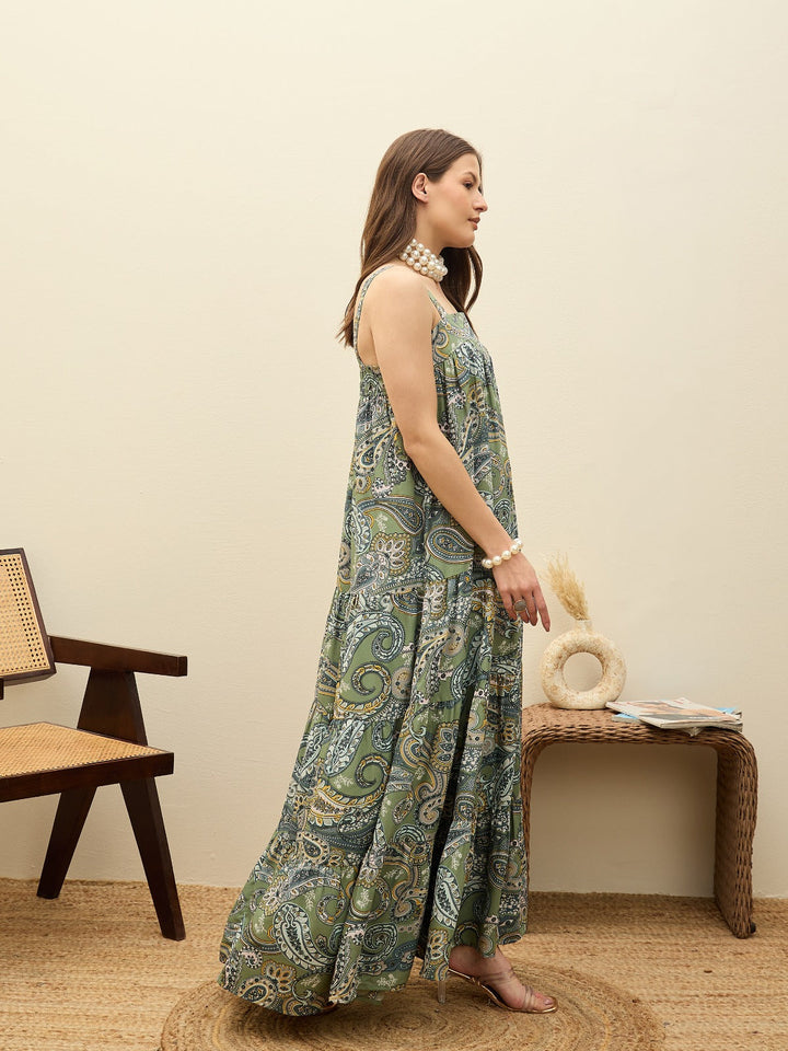 Women Green Paisley Strappy Tiered Maxi Dress