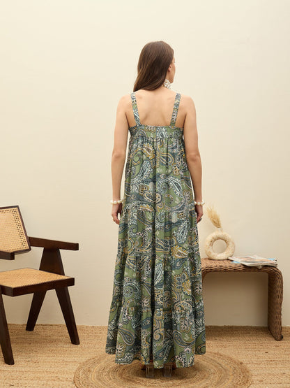 Women Green Paisley Strappy Tiered Maxi Dress