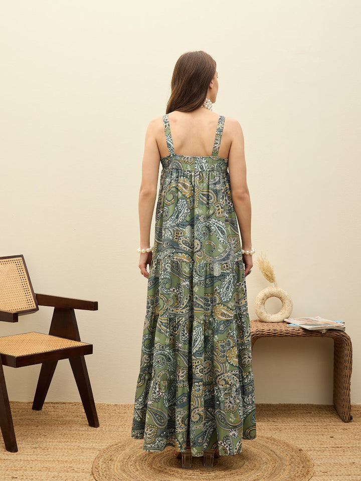 Women Green Paisley Strappy Tiered Maxi Dress