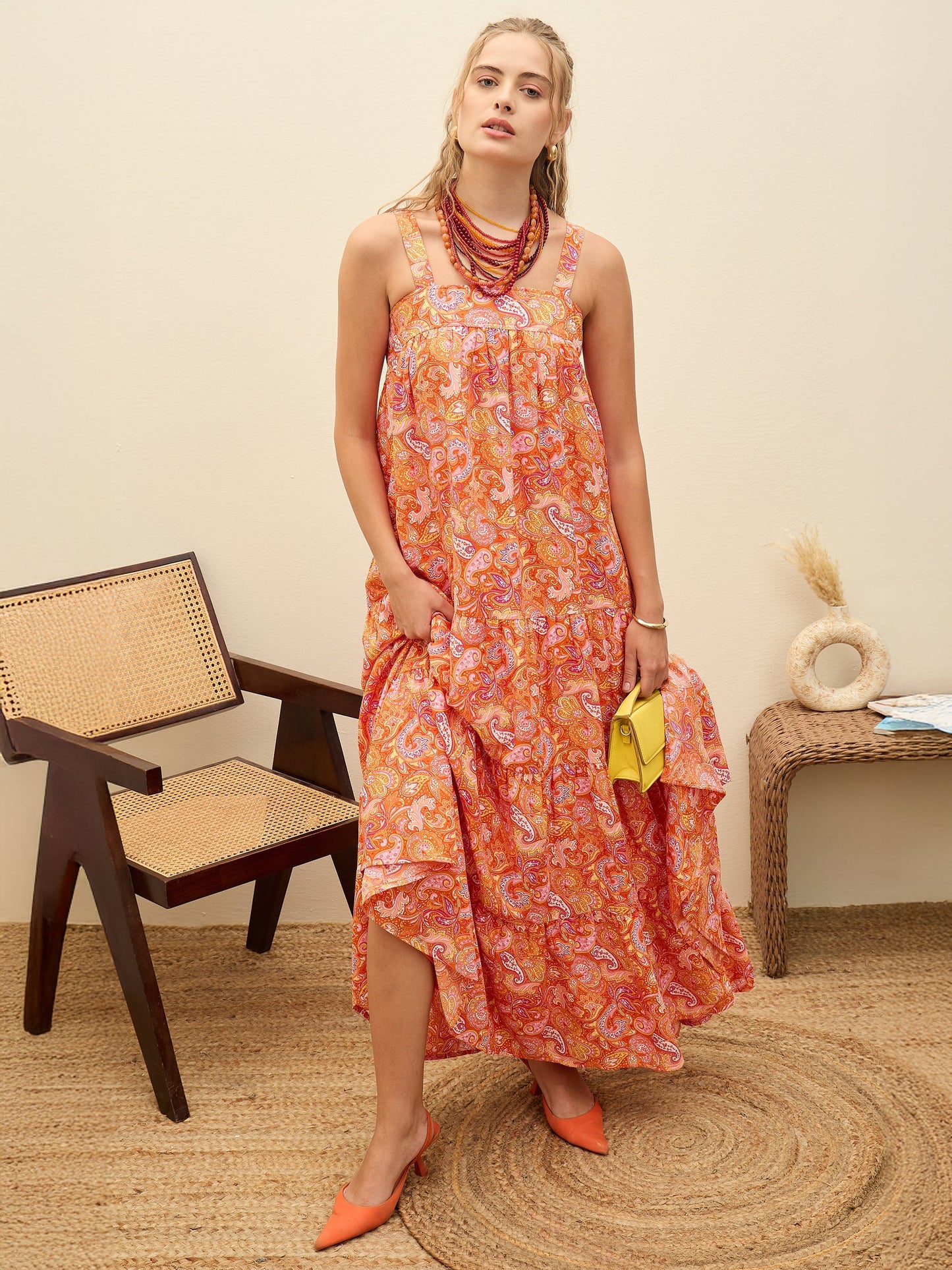 Women Orange Paisley Strappy Tiered Maxi Dress