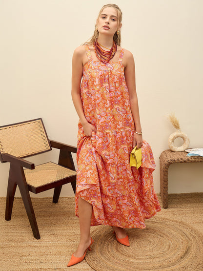 Women Orange Paisley Strappy Tiered Maxi Dress