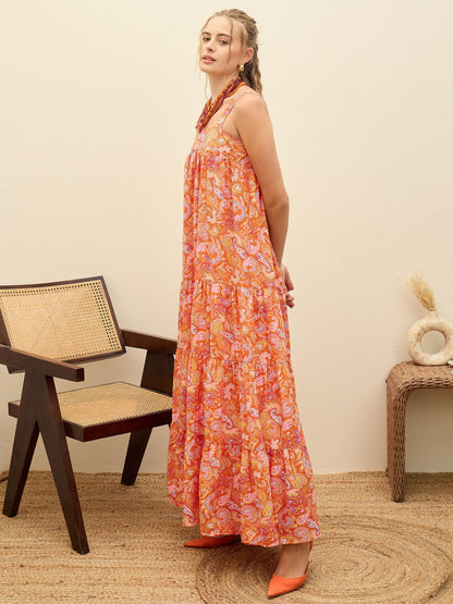 Women Orange Paisley Strappy Tiered Maxi Dress