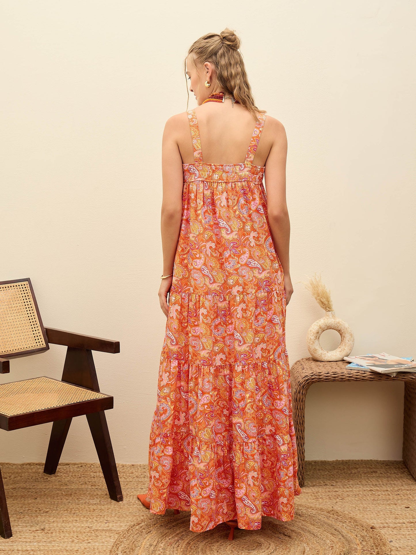 Women Orange Paisley Strappy Tiered Maxi Dress