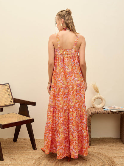 Women Orange Paisley Strappy Tiered Maxi Dress