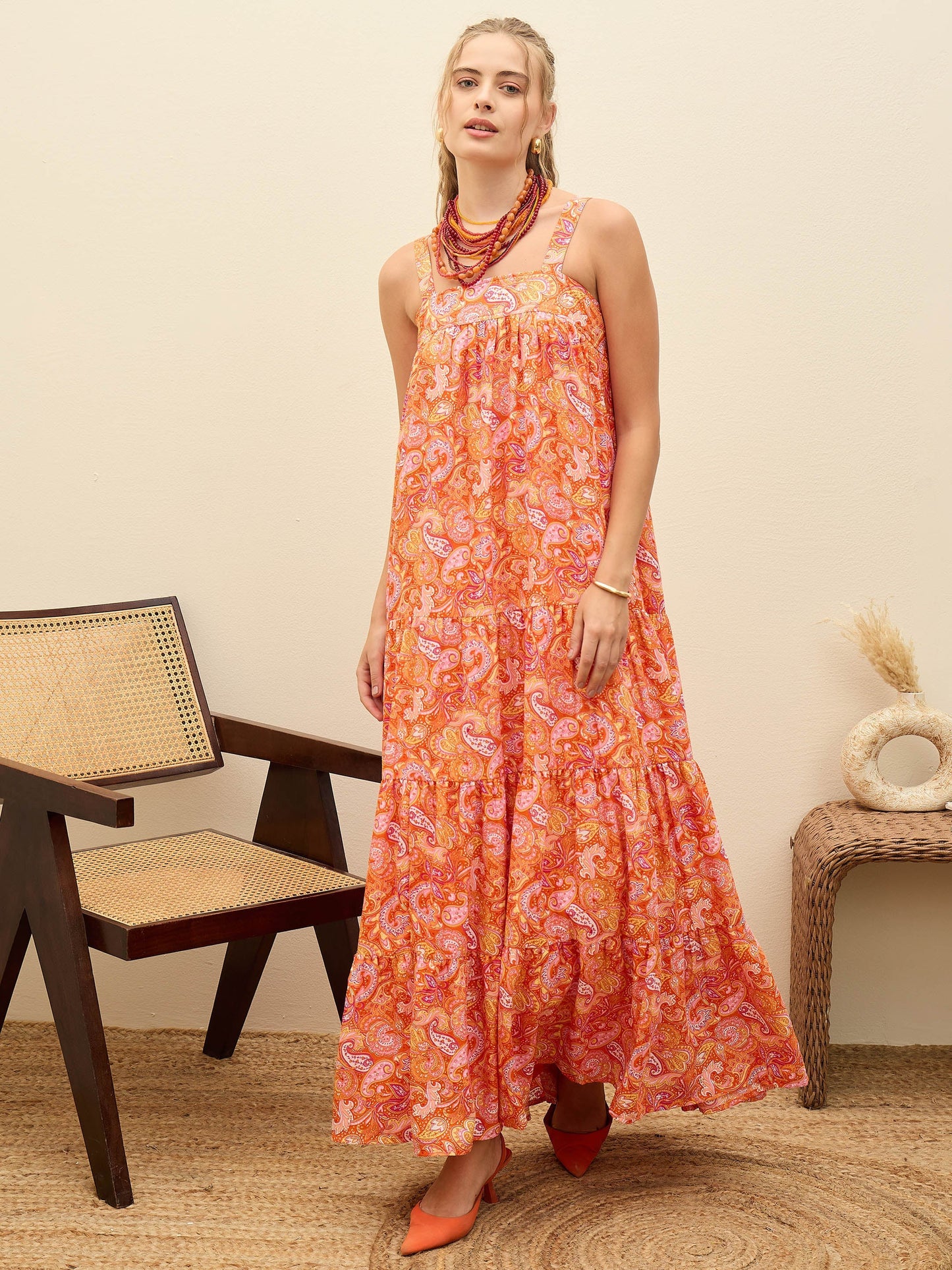 Women Orange Paisley Strappy Tiered Maxi Dress