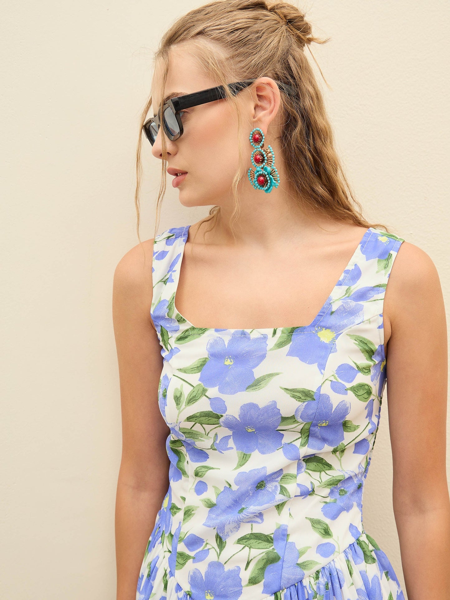 Women Blue Floral Square Neck Short Dress